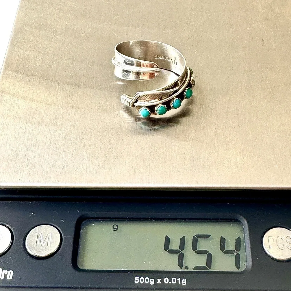 Navajo Turquoise Wrap Ring Feather‎ Sz 6 Adjustable Bypass Sterling Signed AD
